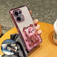 Glitter Plating Case For Samsung Galaxy A17 A07 A37 A57 A56 A36 A26 A16 A55 A35 A15 Cute Bear Bracket Transparent Stand Cover