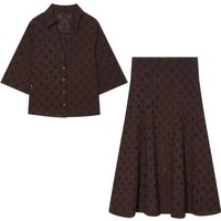 European and American style 2026 new summer women's hollow embroidered shirt + hollow embroidered midi skirt suit