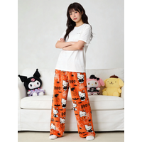 Hello Kitty Flannel Sleep Pants, Orange Warm Long Pants, Stylish Strolling Pants for Parties! Ideal Holiday Gift!