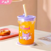 For Sanrio Straw Cups 550ml Cartoon Kuromi & Cinnamoroll Glass Cup With Lid Juice Coffee Mug Home Office Water Cups Drinkware