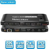 Navceker 2x1 8K Thunderbolt 4 USB C KVM Switch RJ45 100W PD Charge 4K 144Hz Type C KVM Switch Switcher for 2 Computer 1 Monitor
