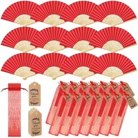 5Set/10Set/15Set/35Set/42Set Red Folding Fans Include (Mesh Bag and Greeting Card) Solid Color Bamboo Fans Blank Wedding Fans, Wedding Party Favors, Wedding Gift Fans, Wooden Handle Fans, Gifts, Gifts