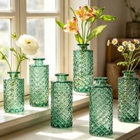6Pcs/set Vintage Diamond Embossed Green Glass Flower Vase Retro Table Centerpieces for Home Wedding Boho Decor