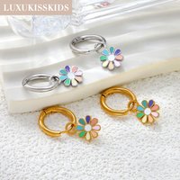 LUXUKISSKIDS Romantic Daisy Drop Pendients for Woman/Girls Stainless Steel Colorful Flower Charm Cute Dangle Round Earrings Clip