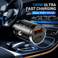 100W Mini Car Charger Dual Port PD Type C & QC USB A Fast Charging Adapter Flush Fit Stealth Pull Ring For 12V 24V Vehicles