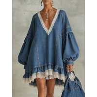 Fashion Women Denim Mini Dress Lace Trim V Neck Lantern Sleeve Lace Splicing Ruffle Hem Dress Casual Vacation Party Vestidos