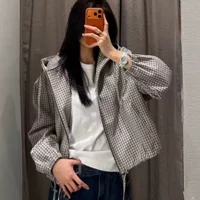 Plaid Stand Collar Jacket Women Long Sleeve Zip Loose Drawstring Outerwear 2026 Spring Autumn Casual Chic Office Lady Coat
