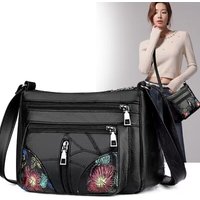 Women's Floral Embroidery Shoulder Bag Multi-zipper Casual Crossbody Bag Lightweight for Daily Shopping Dating Outing