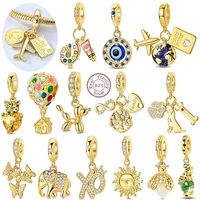 Golden Animal Charms 925 Silver Plated Zircon Butterfly Leopard Butterfly Hot Air Balloon Beads Pendant Fit DIY Bracelet Jewelry