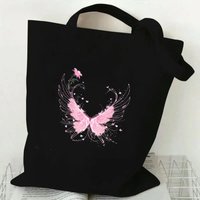 Pink Butterfly Canvas Bag Tote Bag Versatile Shoulder Bag Handbag Floral Wing Print Reusable Shopping Bag for Women Girls Black