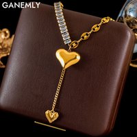 GANEMLY 316L Stainless Steel Heart Zircon Long Pendant Necklace For Women New Trendy Neck Chain Waterproof Jewelry Gift Collar