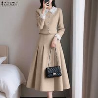 ZANZEA Elegant Women's Skirt Suits Lace Trim Long Sleeve Crop Shirts & A-Line Midi Skirts 2 Pieces Sets Korean Style Outfits 3XL