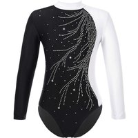 Kids Girls Gymnastics Leotard Shiny Faux Diamonds Ballerina Dance Costume Mock Neck Long Sleeve Athletics Costume Child Bodysuit