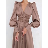 Elegant Solid Color Puff Sleeve Button Front Design Satin Party Dress
