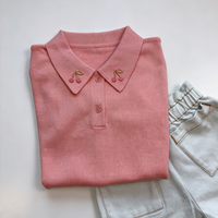 kids clothes girls tops summer Student Style t-shirt Cherry patterned embroidered lapel Girl's pink knitted top