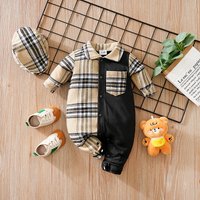 Newborn Infant Boy Lapel Romper Two Tone Plaid Spliced Long Sleeve Button Front Jumpsuit 2 Colors Available