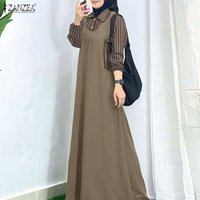 ZANZEA Ramadan Muslim Abaya Dress Women Stirped Patchwork Robe Maxi Long Dress Casual Full Sleeve Loose Dubai Sundress Kaftan