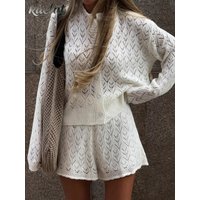 Hollow Crochet Design Beach Two Piece Set Spring Summer O-neck Long Sleeved Top Suit Casual Elastic Waist Shorts Women's Outfit