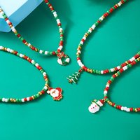 Merry Christmas Rice Beads Necklace For Women Christmas Tree Snowman Santa Claus Crutch Clavicle Choker Xmas Jewelry Gifts
