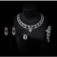 INJEWELIFE Turquoise Colors Cubic Zirconia Amethyst Jewelry Sets for Women Wedding Accessories Elegant Bridal Jewellery 00034