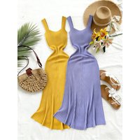 Women's Lavender Sleeveless Square Neck Stretchy Ribbed Knit Maxi Dress with Flared Hem Casual Summer Long Sundress Outfits