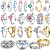 Hot Sales 925 Sterling Silver Colorful Pearl Bow Bee Love Flower Four Leaf Clover Ring fit Women's Jewelry Valentine's Day Gifts