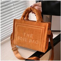 Women's Khaki Velour Tote Bag Original Letter Print Medium Ladies Shopper Handbag Female Square Medium Shoulder Bags