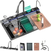 Kitchen Sink Multifunctional Digital Display Waterfall Sink with Cup Washer, Soap Dispenser, Rain Waterfall, Table Control And Other Functions with LED Display (Black, 75 X 45 X 21Cm)