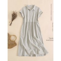 Loose Cotton Linen Dress Women's Shirt Collar Doll Collar High Waist A-Line Midi Skirt Short Sleeve Pure Color Commute Style
