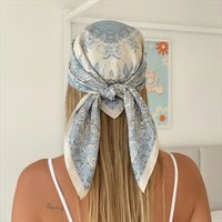 Women Vintage Blue Paisley Satin Bandana Scarf Bohemian Print Silk Headscarf Hair Tie Square Neck Scarf Beach Hair Wrap Turban