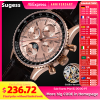 Sugess Watch Mens Moonphase Pilot Chronograph Mechanical Wristwatches Tianjin ST1908 Movement Swanneck Sapphire Crystal Luminous