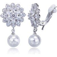 CWWZircons Fashion White CZ Crystal Drop Pearl Flower Clip on Earrings Non Pierced 5A Cubic ZIrcon Bridal Wedding Jewelry EJ0012