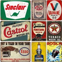 Vintage Sinclair, Castrol, Texaco, Esso Motor Oil Metal Tin Sign - Retro Gas & Auto Themed Wall Decor - Rustic Plaque for Garage