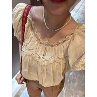 Women Lace Embroidery Yellow Blouse Top Summer Round Neck Puff Sleeve Loose Female 100% Cotton Shirt