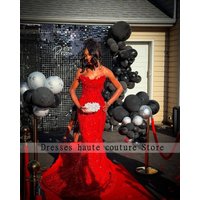 Romantic Red Sweetheart Strapless Beaded Diamond Prom Dresses 2026 Lace Bodycon Mermaid Train Evening Gown Customized