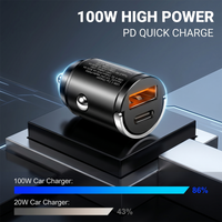Stealth Mini Car Charger 100W Dual Port PD & QC Type C Auto Adapter Fast Charge Invisible Flush Fit with Pull Ring Handle 12V
