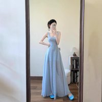 Women's French Style Square Neck Slip Maxi Dress Elegant Blue Beach Vacation Dress