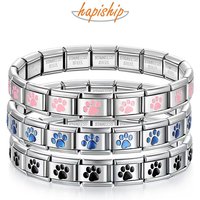 Hapiship Women's 9mm Width Itanlian Pink Blue Black Elastic Footprint Paw Charm Bracelet Fashion Stainless Steel Jewelry G267