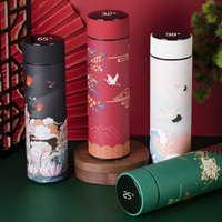 Thermal Mug Water Bottle Thermos Chinese Style Ins Illustration Vacuum Flask Stainless Steel Display Temperature Water Cup 500ML