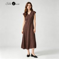 Women's Casual Summer New Elegant V-neck Slant Cut Print Slim Fit 100% Natural Mulberry Silk Crepe De Chine Polka Dot Dress