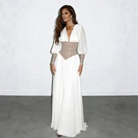 Women's White Chiffon Maxi Dress Modest Loose V Neck Long Sleeve Corset Waist A Line Evening Gown Elegant Formal Party Dress