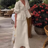Fashion V-Neck Women's Cotton Dresses Bubble Sleeve Shirt Loose Two-Piece Dress Suit Lace-Up Casual Long Skirt Set Women