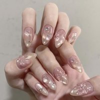 24pcs Pink Almond Sweet Fake Nails 3D Transparent Bowknots Love Heart Decor Press On Nails Shiny Cat's Eye Gradient False Nail