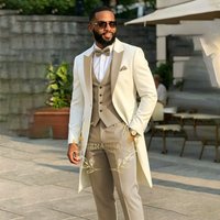 Men's Suit Groom Wedding Tuxedos Ivory Long Jacket Beige Pants Vest Sets Male Party Groomsmen Formal Best Man Blazer Sets