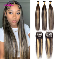 Highlights 1B Blonde Colored With 5X5 Lace Closure Brazilian Remy Straight Hair Bundles Human Hair Bundles With 4x4 Closure Wig