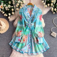 Women's Vintage Palace Style Floral Print Shirt Dress Long Sleeve Lapel Slim Fit Waist Belt Summer Casual Elegant Mini Dress