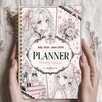 2026-2028 Monthly Planner, Pink Manga Girl Cover Spiral Calendar Notebook, PP Cover, 100GSM Paper, Mini Calendars
