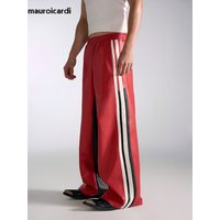 Mauroicardi Spring Autumn Long Loose Casual Baggy Color Block Pu Leather Pants Men Elastic Waist Wide Leg Trousers Streetwear