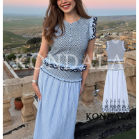 Women's Chic Elegant Embroidery Blue Skirt Set KONDALA 2026 Spring Summer Trendy Holiday Casual Set Button Vest,Plaid Midi Skirt