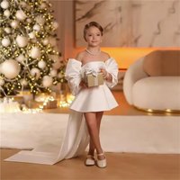 Elegant Satin Off Shoulder Flower Girl Dresses For Wedding with Bow Kids Party Birthday Dress First Communion Gown Customized